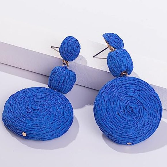 Chunky Blue Rattan Earrings Wicker Bold Statement Wicker Dangle 80s Retro New - Picture 5 of 7